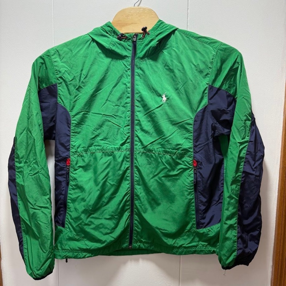 Polo‎ Ralph Lauren Performance Mens Green Navy Blue Hooded Windbreaker Jacket L